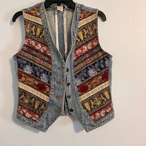 Vintage Limited Jeans Denim Tapestry Vest Med Floral Heraldic Unicorn 90s Boho